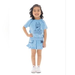 NWT Bluey Toddler Girl Embroidered Graphic Top and Ruffle Shorts Set 2pc Size 2T
